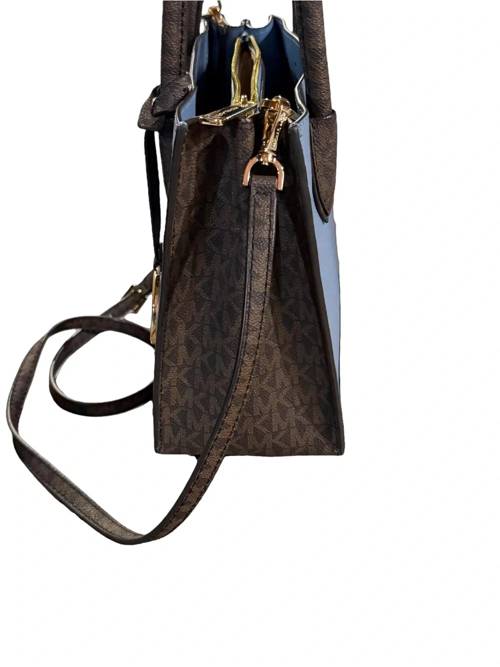 💙 Michael Kors Mercer X-Small Messenger Satchel Chambray Blue & Brown Signature